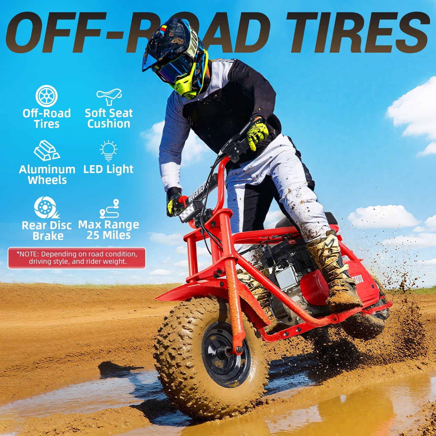 HOVERHEART Gas Mountain Bike, 105cc 4-Stroke Gas Powered Off Road Motorcycle (Model-MB0001) with Led Lights, Disc Brake, Max Load 200Lbs, Up to 30Kph, NO OIL MIX REQUIRED
