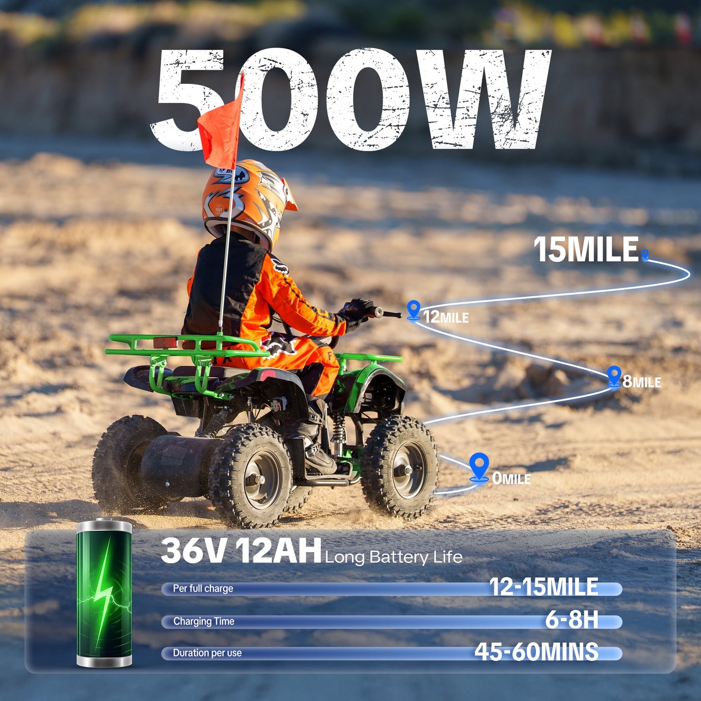 QEASET 500W 36V Battery Ride-On Off-Road 4-Wheeler – 15-Mile Range, Green