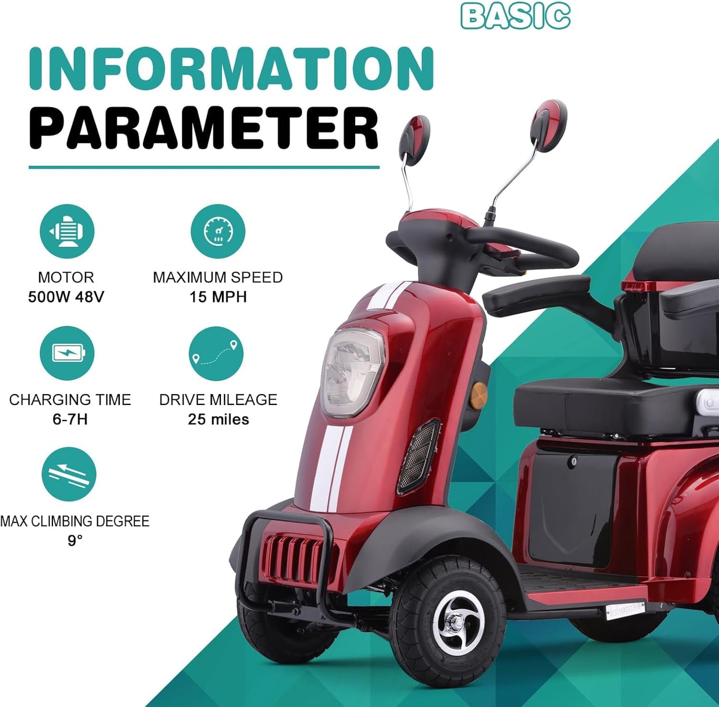 Aoemoe 4-Wheel Mobility Scooter, Electric Heavy Duty Wheelchair, 500 Lb Limit, Red