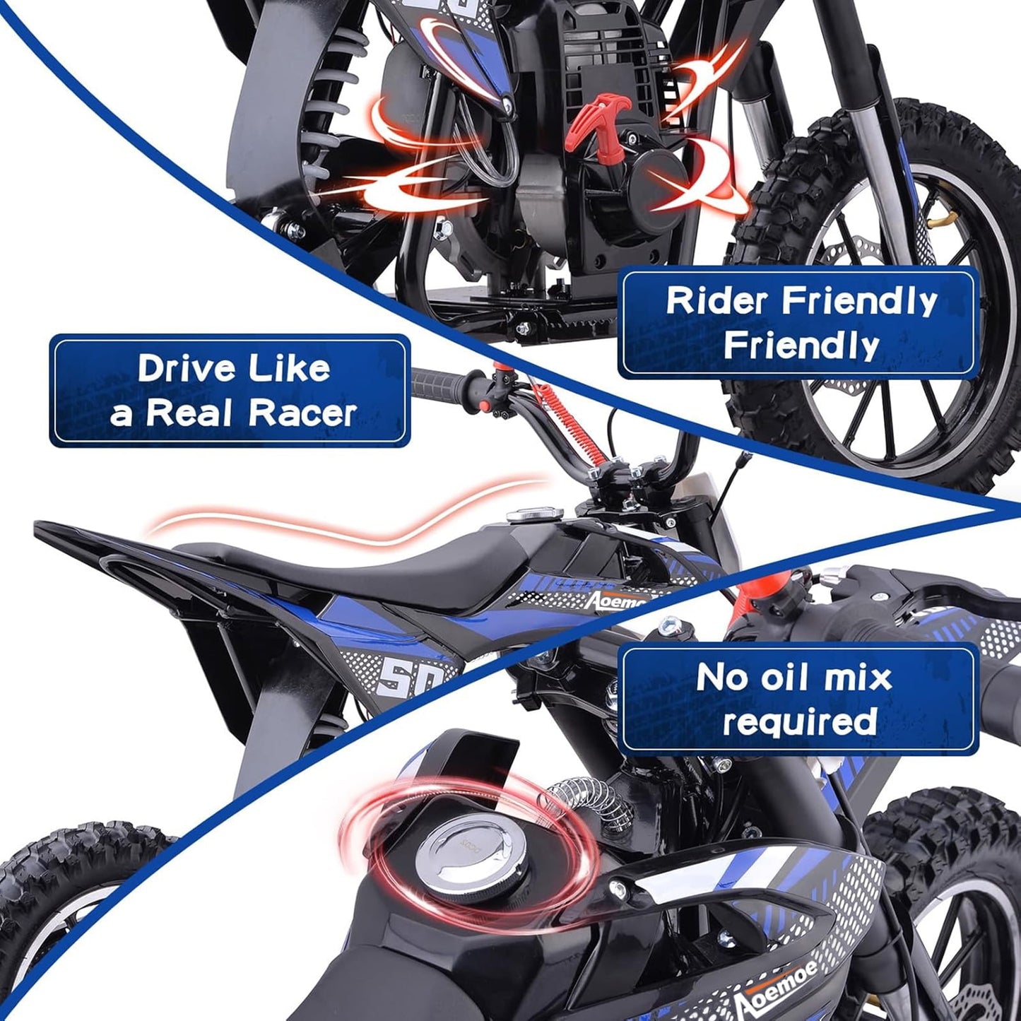 Aoemoe 40cc 4-Stroke Kids Mini Dirt Bike, Gas Powered, Rear Suspension & Disc Brakes, 20Mph/165Lbs,Blue