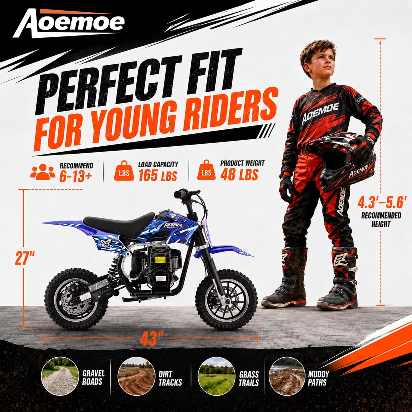 Aoemoe 49cc Kids Dirt Bike, Gasoline Powered 2-Stroke Mini Motorcycle, 1-Seater, Blue