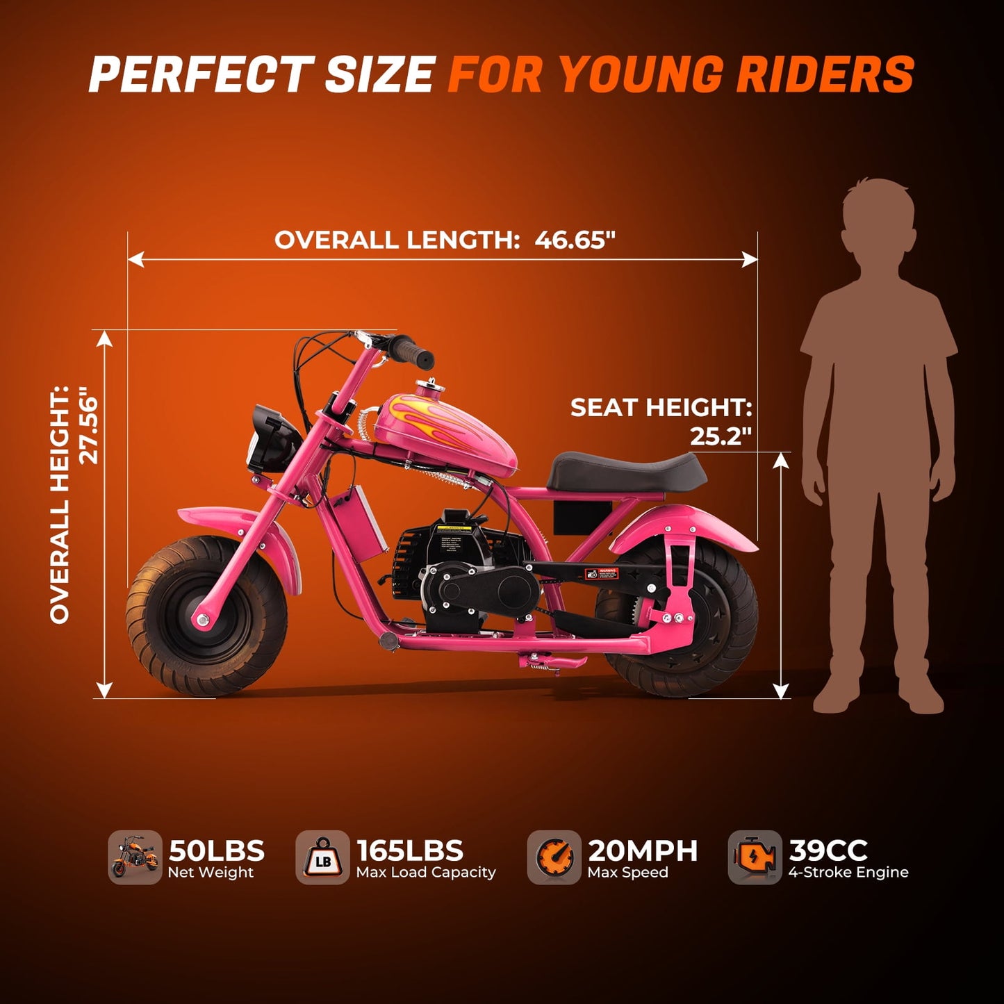 Aoemoe 40cc Dirt Bike up to 18 mph, 27 Miles Long Range,4-Stroke Max 165 Lbs, PINK