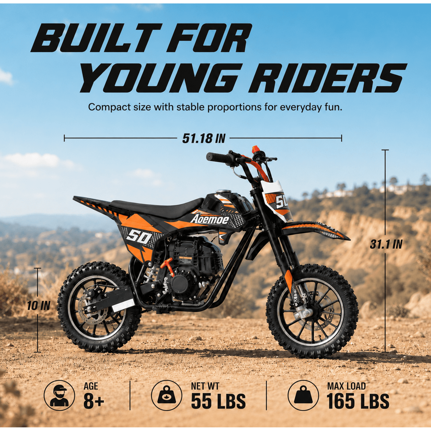 Aoemoe 39cc motor bike, 20mph gas dirt bikes for boys 8 12, Disc Brakes, Max Load 165Lbs, kids dirt bike, Orange