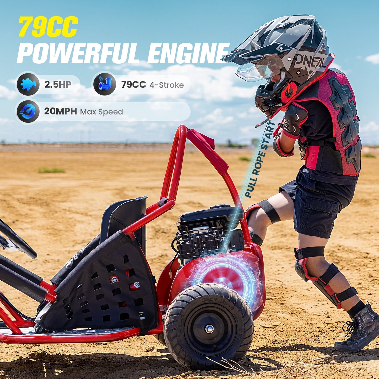QEASET 79cc Gas Go Kart,2.5HP 4-Stroke,20Mph Go Kart Outdoor Race Toy, Holiday Gift(Red)