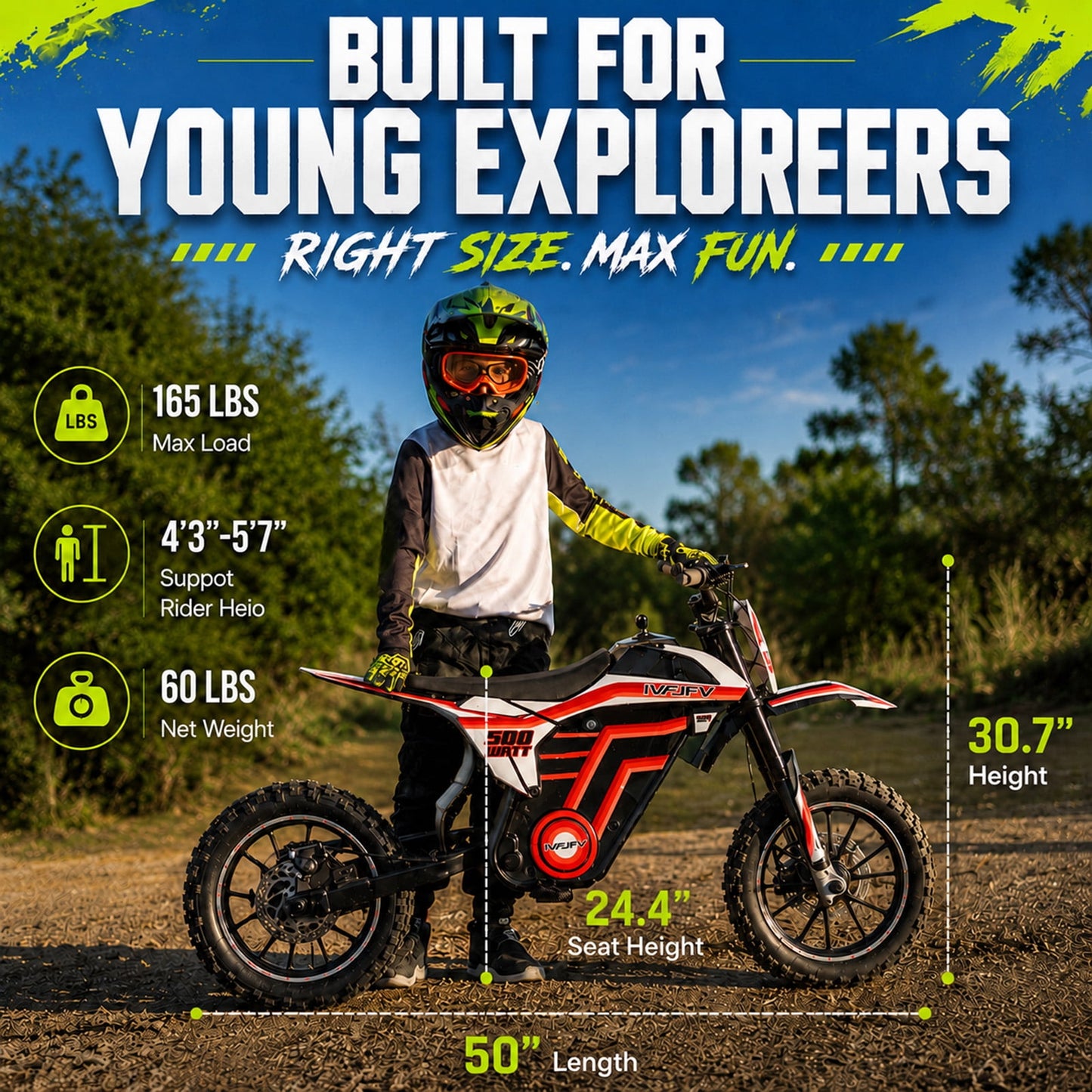IVFJFV 500W Electric Dirt Bike for Kids,Up to 17.4MPH & 23.6 Miles,Two Speed Modes, Front & Rear Suspension,Mechanical Disc Brakes, 165 LBS,Beginner-Friendly Handle, All-Terrain,RED