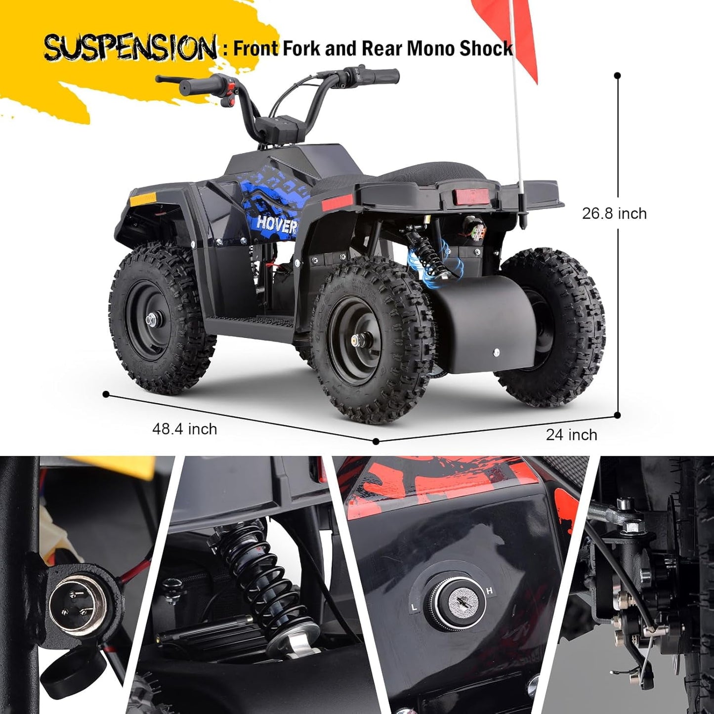 36V Electric 500W Motor 4-Wheeler with Front & Rear Suspension, IVFJFV Electric 4-wheel Off-Road Tires & Safety Flag & LED Headlights,Power Ride on Car for Age 8-14