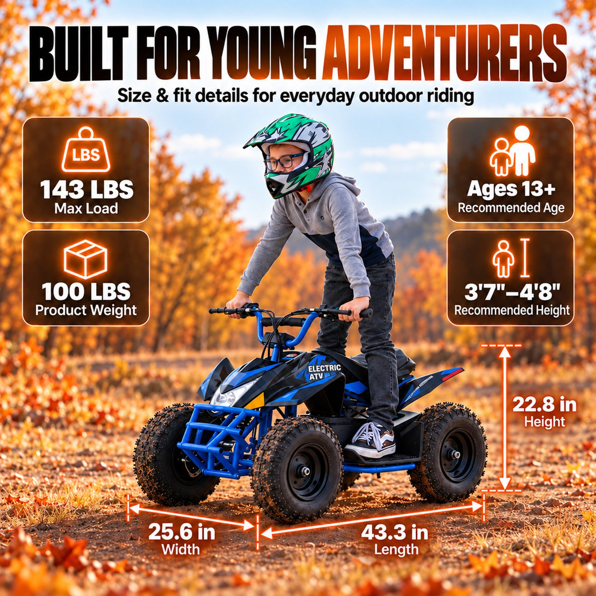 IVFJFV Powered 4 Wheeler,500W Electric 4 Wheeler with Dual Speed Adjustment,36V Four Wheeler Max 15 MPH, Front & Rear Shock Absorbers, All-Terrain Tires and Safety Disc Brake,BLUE