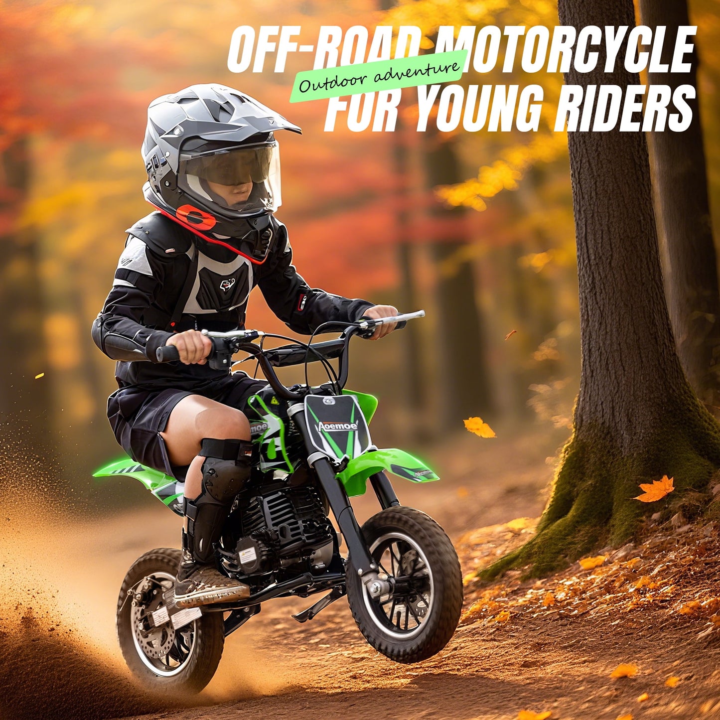 Aoemoe 49cc 2-Stroke Gas Mini Dirt Bike, Off-Road Tires & Disc Brakes, 20mph/160lb, Green
