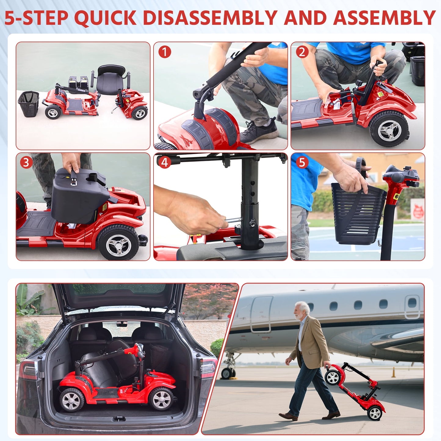 4 Wheels Mobility Scooter for Adults, Senior Electric Powered Chargeable Device for Travel, Lightweight and Portable, with LED Headlights and Basket, Charger Included (Red)