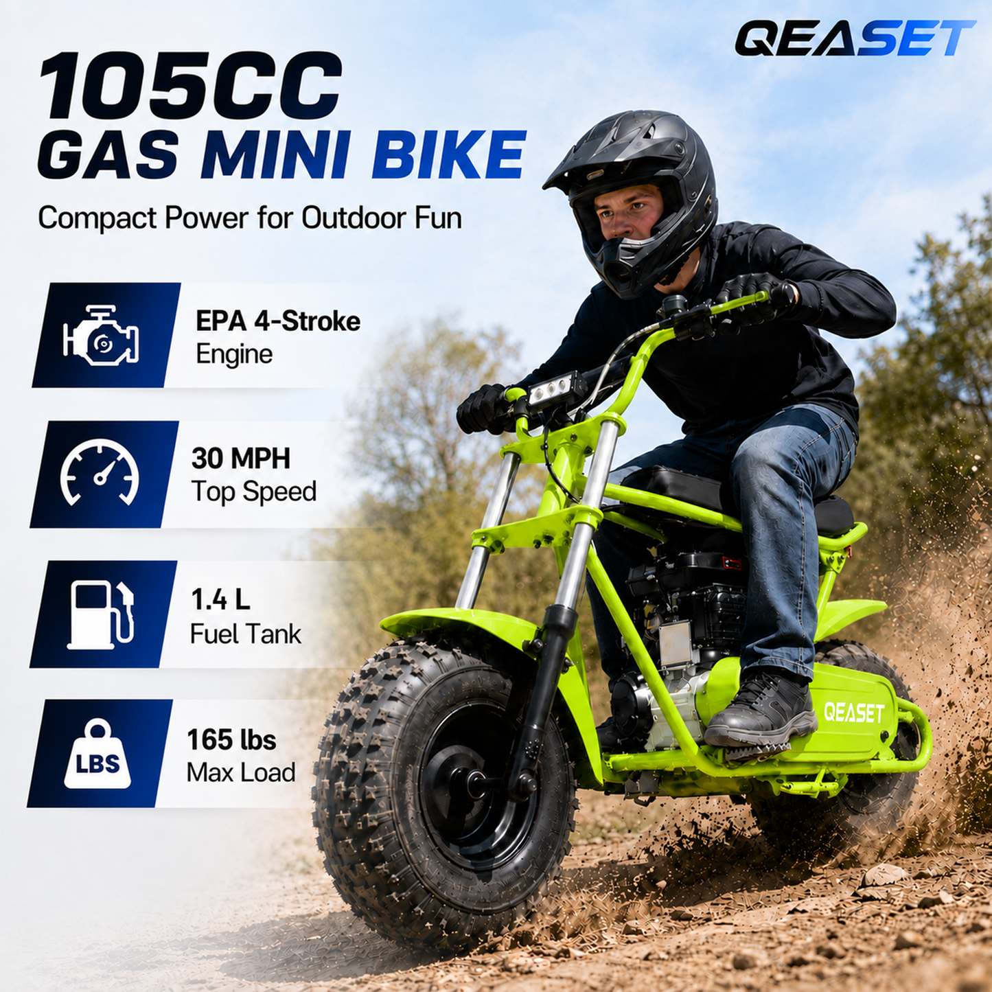 QEASET 105CC 4-Stroke Mini Bike with Shock Absorption, Off-Road Motorcycle, SD