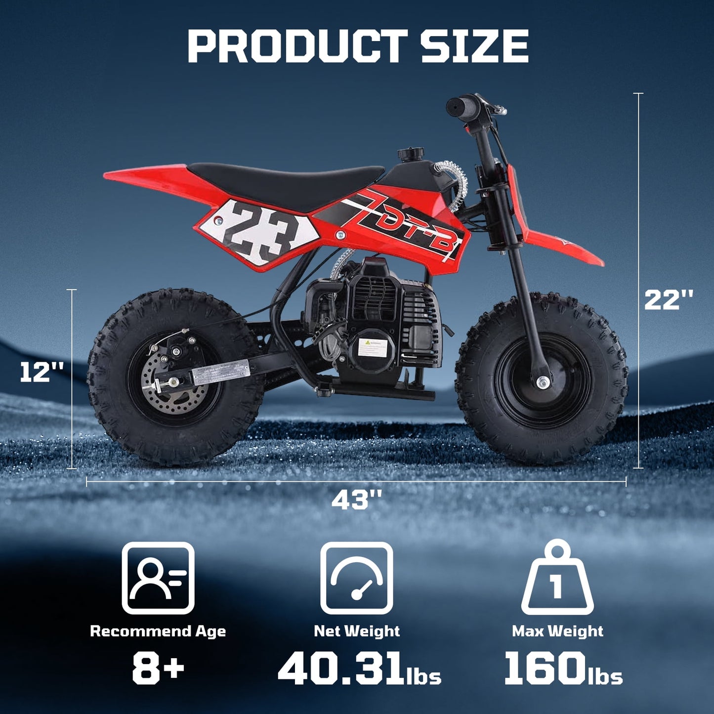 Aoemoe Mini Kid Dirt Bike, 49 CC 2-Stroke Gas Bike with Off-Rode Tire, Suspensions, Disc Brakes, Max Load 160Lbs, Up to 20Mph, EPA Approved