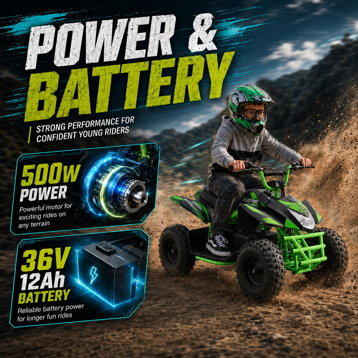 IVFJFV 36V Electric 4 Wheeler, Electric Four Wheeler with Rubber Tires, 500W Off-Road All-Terrain Featuring Dual Speed Adjust, Front Rear Shock Absorbers, Multiple Safety Protection Designs,GREEN