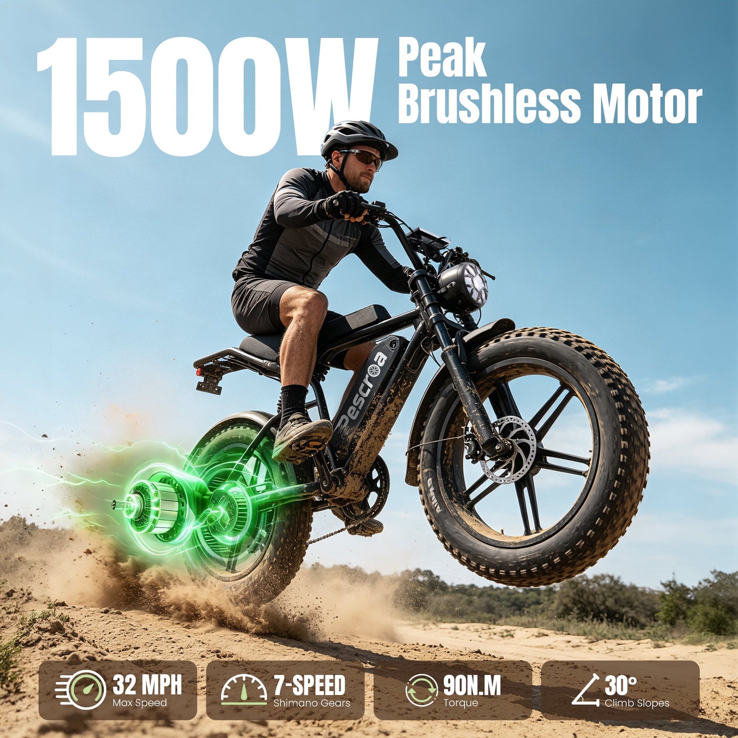 Pescroa Ebikes for Adults, 1500W Peak Motor E Bike for Adult, Adult Electric Bike with 28MPH Max Speed, Adult Electric Bicycles with 20"x4" Fat Tire