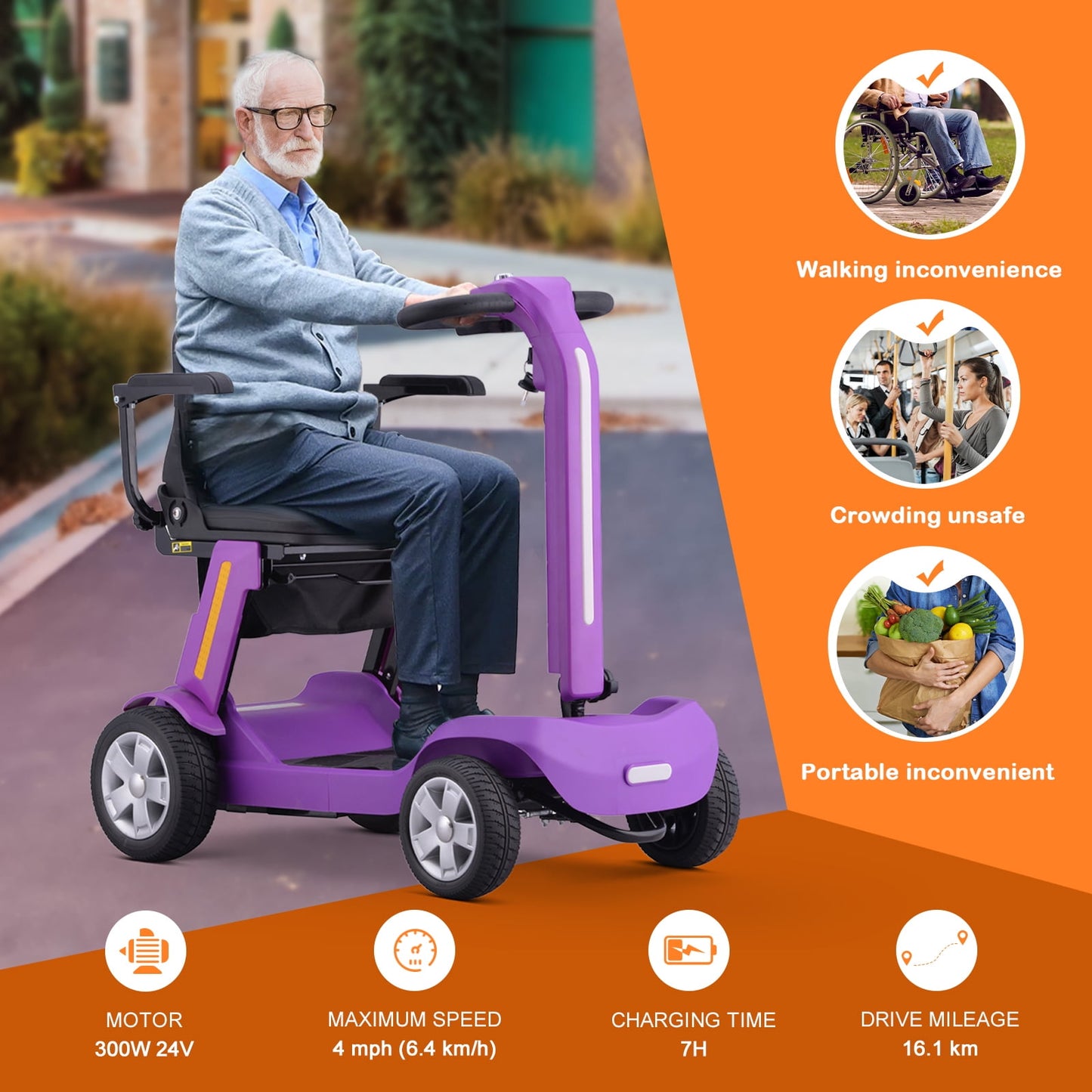 4 Wheels Mobility Scooter for Adults & Senior, Foldable Lightweight Powered Device for Travel, with LED Strip Light, Storage Bag, Charger Included, No Assemble Required (Purple)