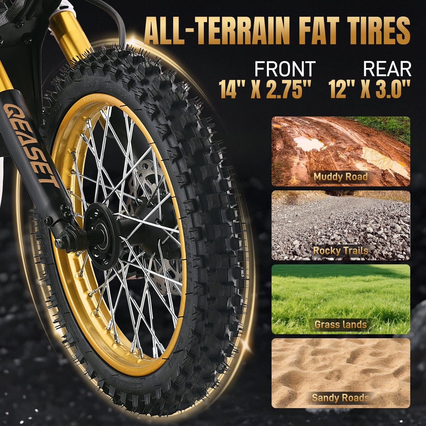 Teen Electric Dirt Bike 48V 3000W (Peak Power) – Trail-Ready Power, 25 mi Range, Gold