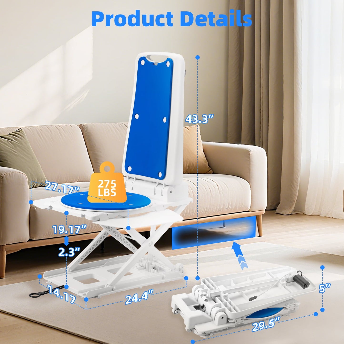 Electric Floor Lift for Elderly Fall Recovery, 2-in-1 Waterproof Bath Lift Chair for Tub with Remote Control, Portable Foldable Emergency Lift Assist, 275 lbs Capacity Medical Home Care Equipment