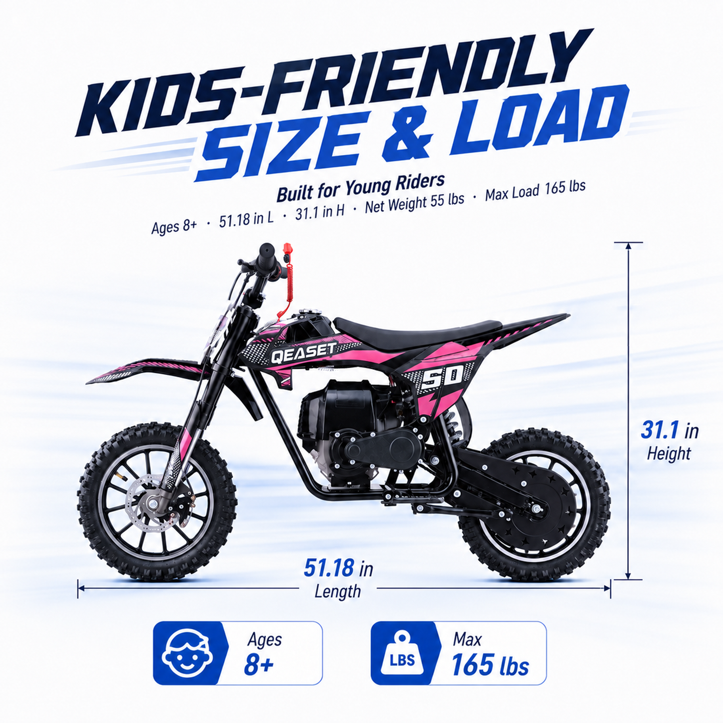QEASET Mini Gas Powered Ride-On Motorcycle, 39CC 4-Stroke Engine with Disc Brakes, 20 MPH Top Speed, 6.3" Ground Clearance, Supports Up to 165 lbs, Minimal Assembly, Pink