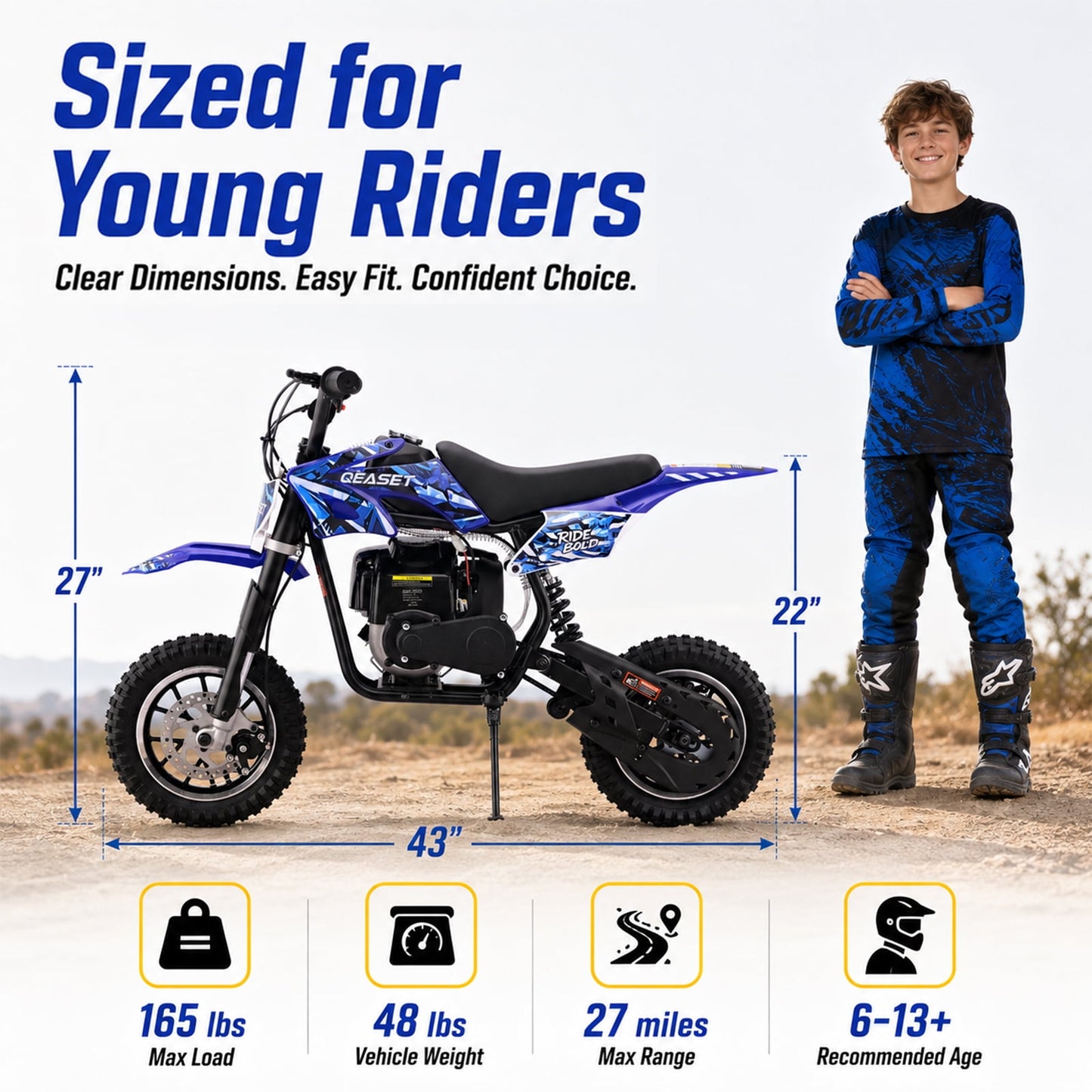 QEASET Mini Bicycles Ride-On Toy, 39cc 4-Stroke Gas Powered Off-Road Motorcycle with Rear Suspension & Disc Brakes, 18 MPH Top Speed, Supports Up to 165 lbs, Blue