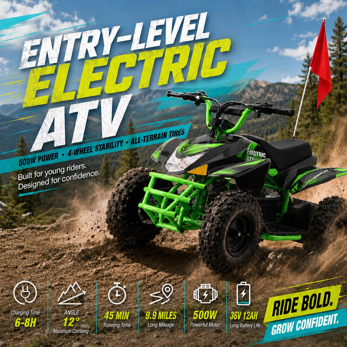 IVFJFV 36V Electric 4 Wheeler, Electric Four Wheeler with Rubber Tires, 500W Off-Road All-Terrain Featuring Dual Speed Adjust, Front Rear Shock Absorbers, Multiple Safety Protection Designs,GREEN