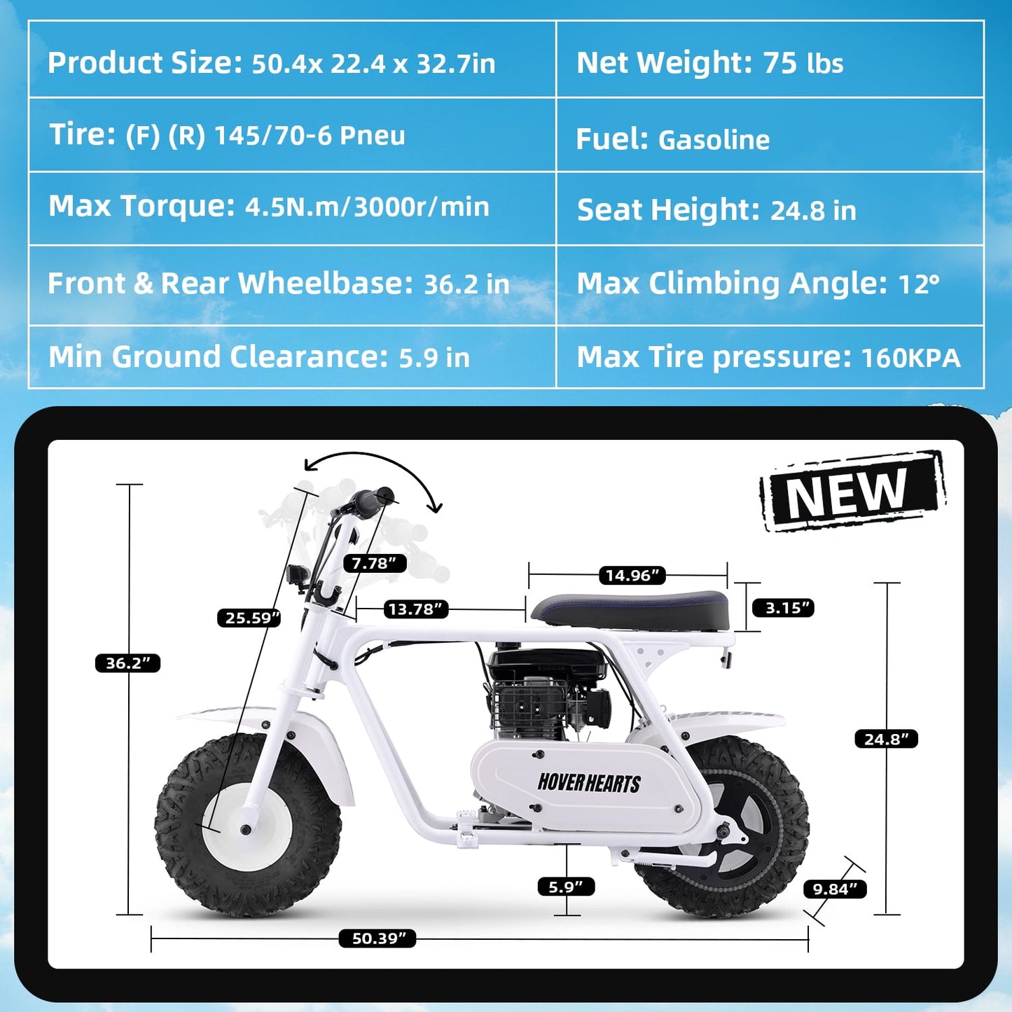 HOVERHEART Gas Mountain Bike, 105cc 4-Stroke Gas Powered Off Road Motorcycle (Model-MB0001) with Led Lights, Disc Brake, Max Load 200Lbs, Up to 30Kph, NO OIL MIX REQUIRED