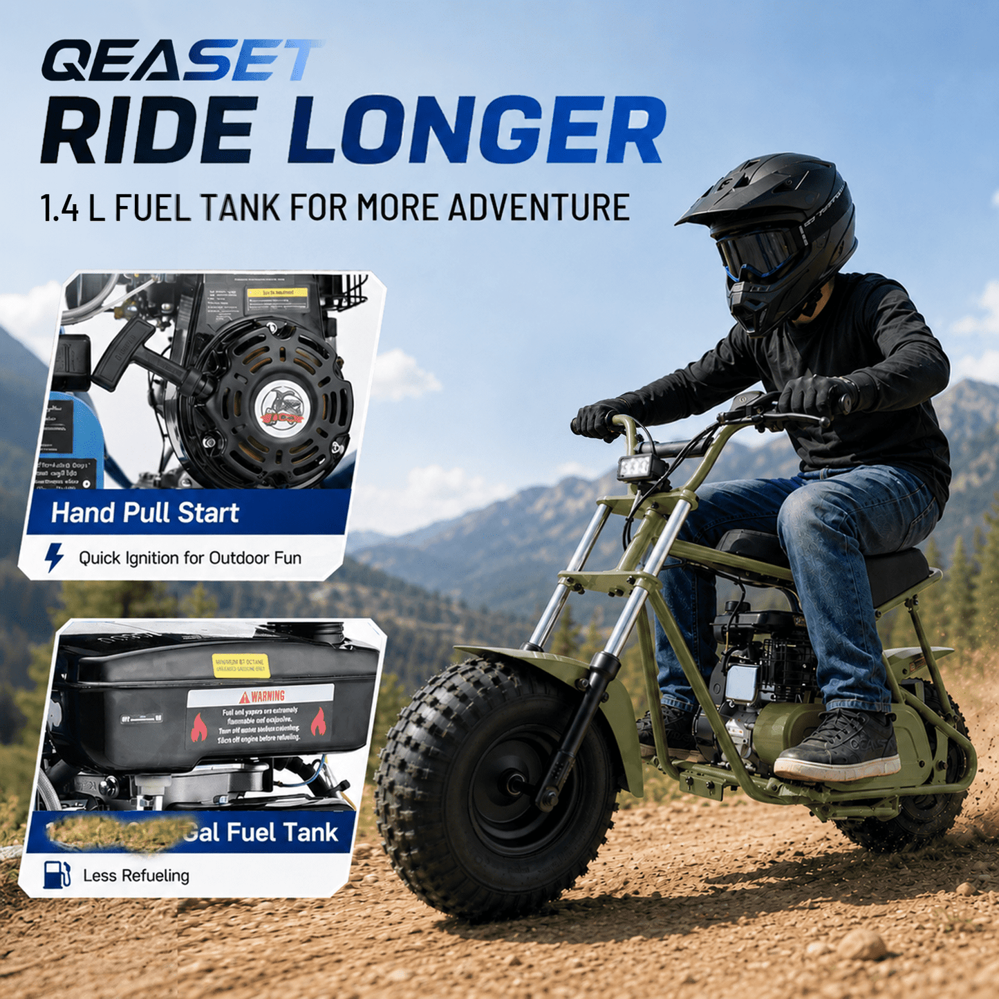 QEASET 105CC 4-Stroke Mini Bike with Shock Absorption, Off-Road Motorcycle, Green