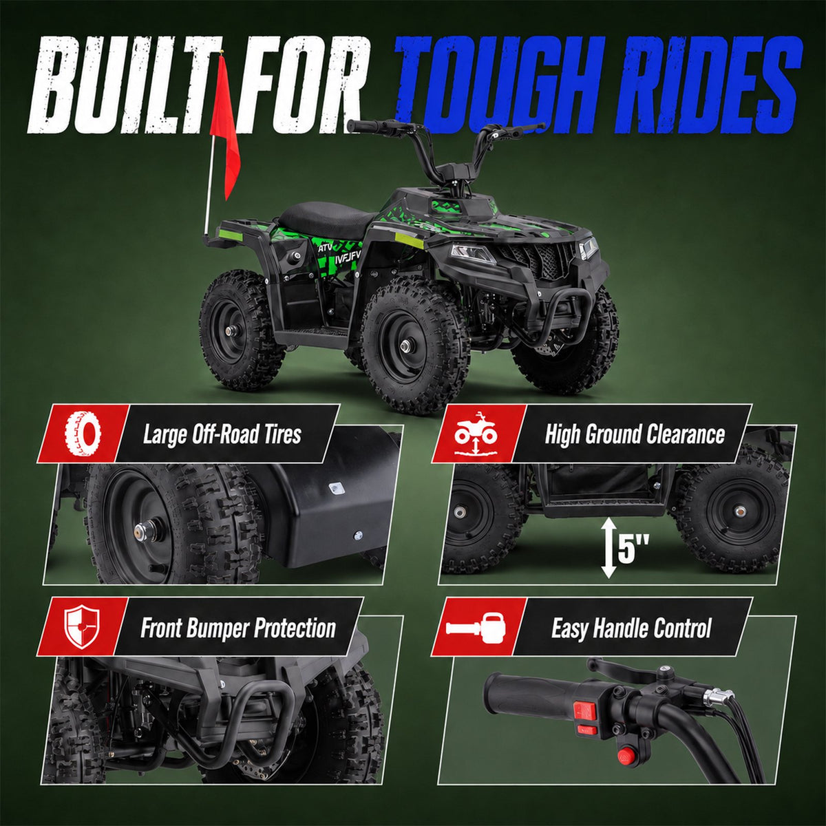 36V Electric 500W Motor 4-Wheeler with Front & Rear Suspension, IVFJFV Electric 4-wheel Off-Road Tires & Safety Flag & LED Headlights,Power Ride on Car for 13+