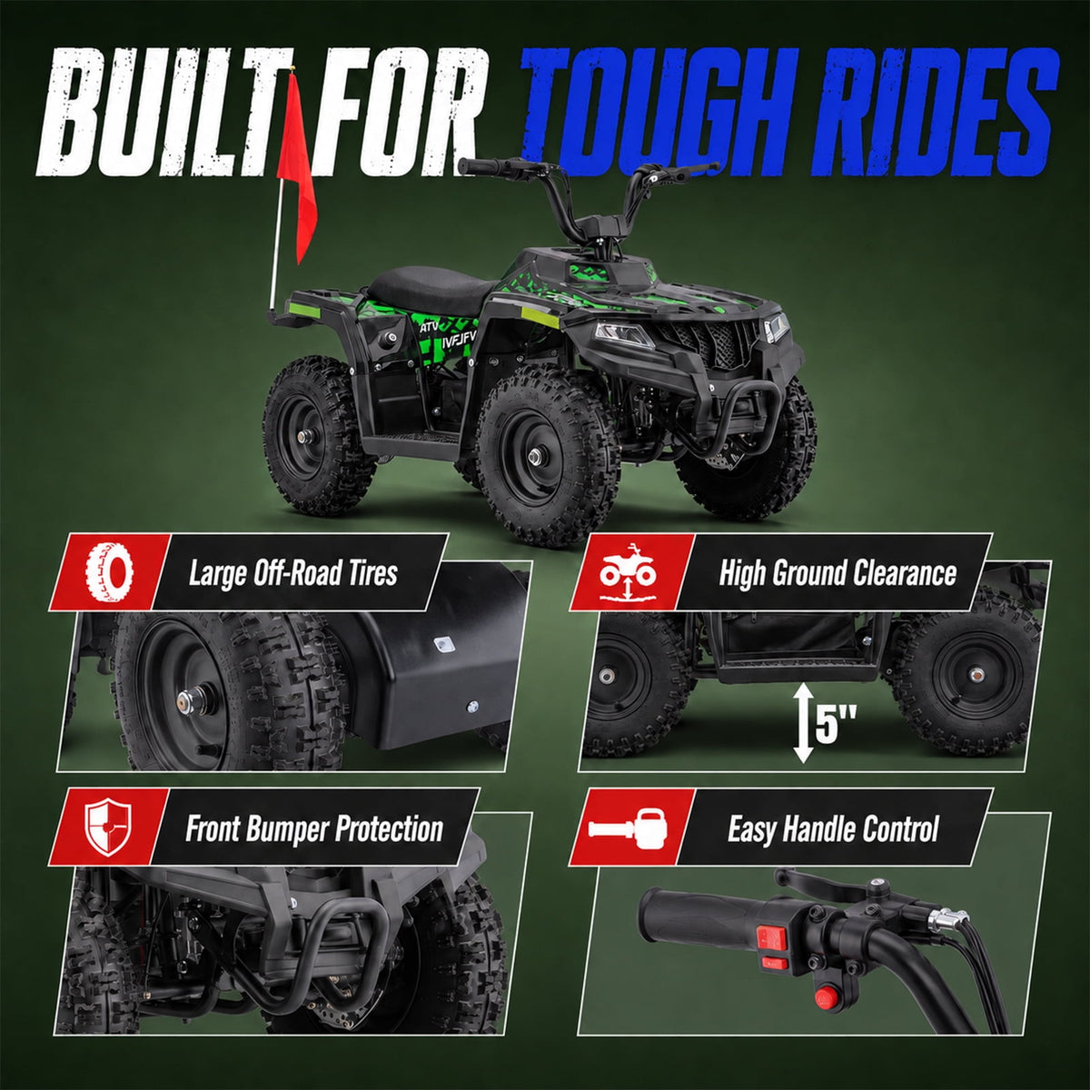 36V Electric 500W Motor 4-Wheeler with Front & Rear Suspension, IVFJFV Electric 4-wheel Off-Road Tires & Safety Flag & LED Headlights,Power Ride on Car for Age 6+