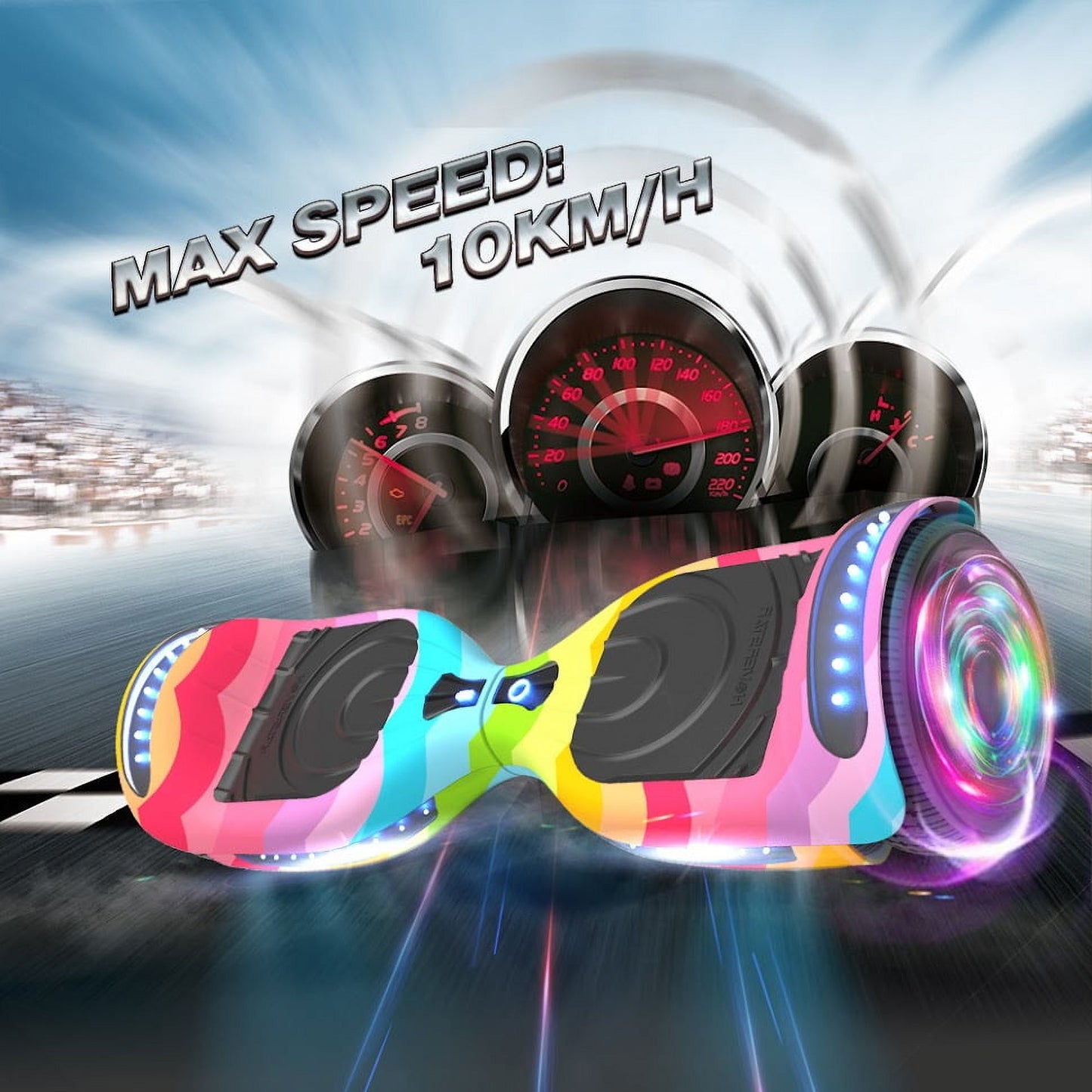 Flash Wheel Hoverboard 6.5" Bluetooth Speaker with LED Light Self Balancing Wheel Electric Scooter, Rainbow Wave