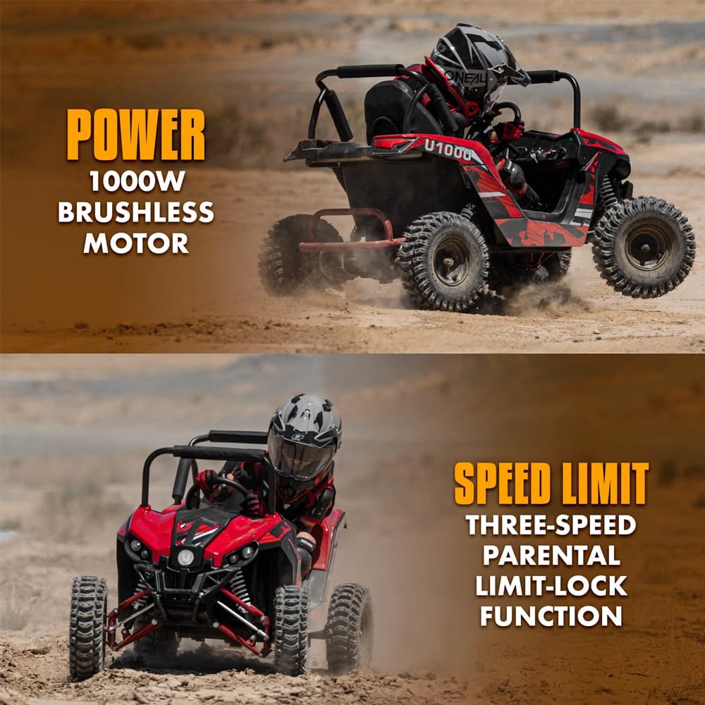 QEASET UTV Ride on Car (Large), 48V Shock Absorber Electric Vehicles with Disk Brake, Gear Switch, Steel Frame, Off-Road Tire, Flexible Seat Belt and Seat, Three-Speed Parental Limit-Lock Function