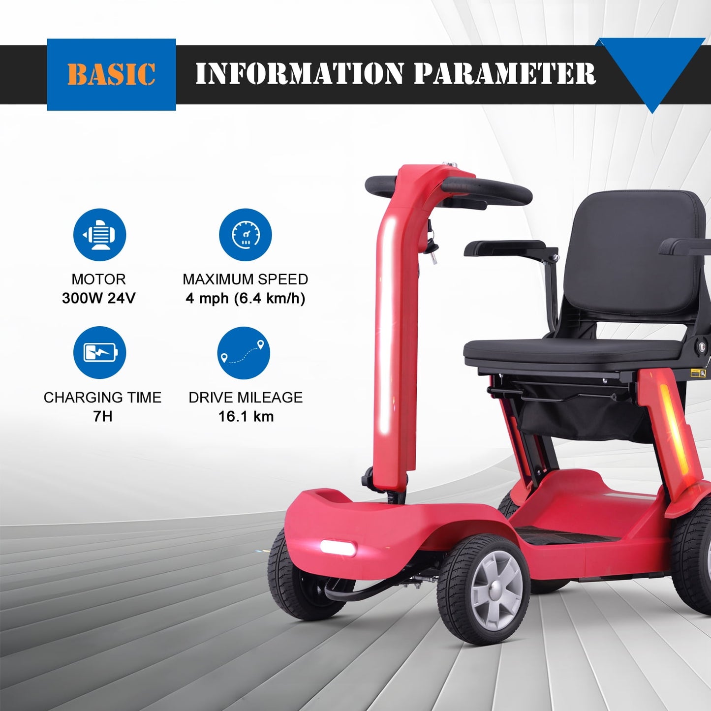 SKRT Foldable Mobility Scooter for Adults & Senior, 4 Wheels Powered Device for Travel, Lightweight and Portable, with LED Strip Light, Storage Bag, Charger Included, No Assemble required