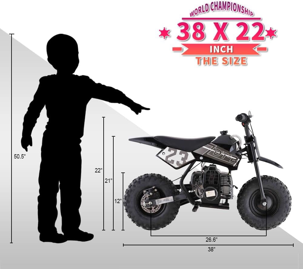 Aoemoe Mini Kid Dirt Bike, 49 CC 2-Stroke Gas Bike with Off-Rode Tire, Suspensions, Disc Brakes, Max Load 160Lbs, Up to 20Mph, EPA Approved