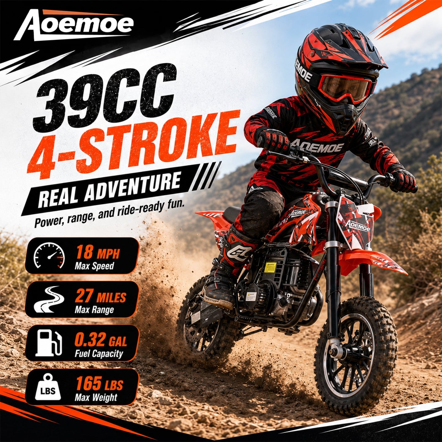 Aoemoe 49cc Kids Dirt Bike, Gasoline Powered 2-Stroke Mini Motorcycle, 1-Seater, Red