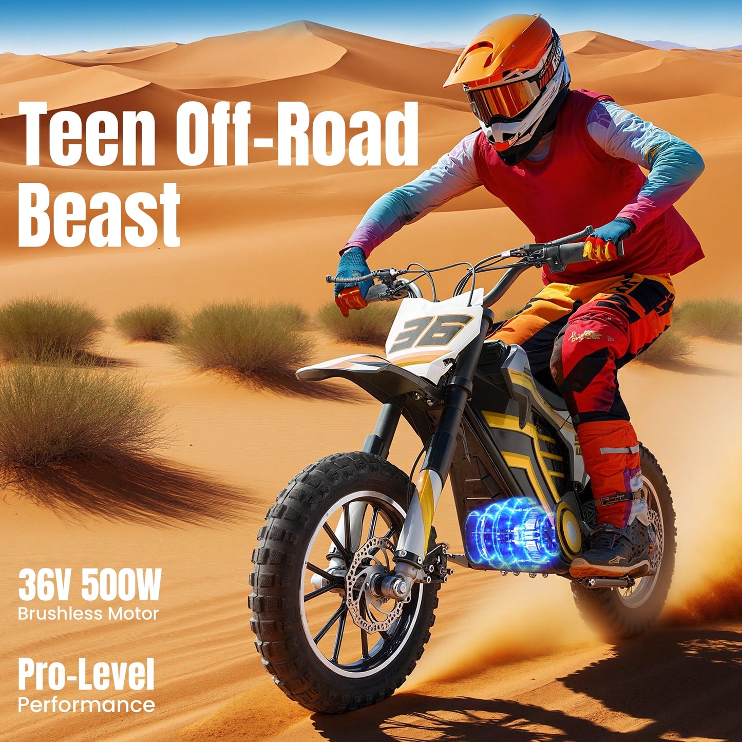36V Electric Dirt Bike for Kids,IVFJFV 500W Kids Electric Dirt Bike, All Terrain Off-Road E Dirt Bike with Front & Rear Disc Brakes,Dual Speed Mode Max 17.4 MPH,23.6 Miles Long Range,YELLOW