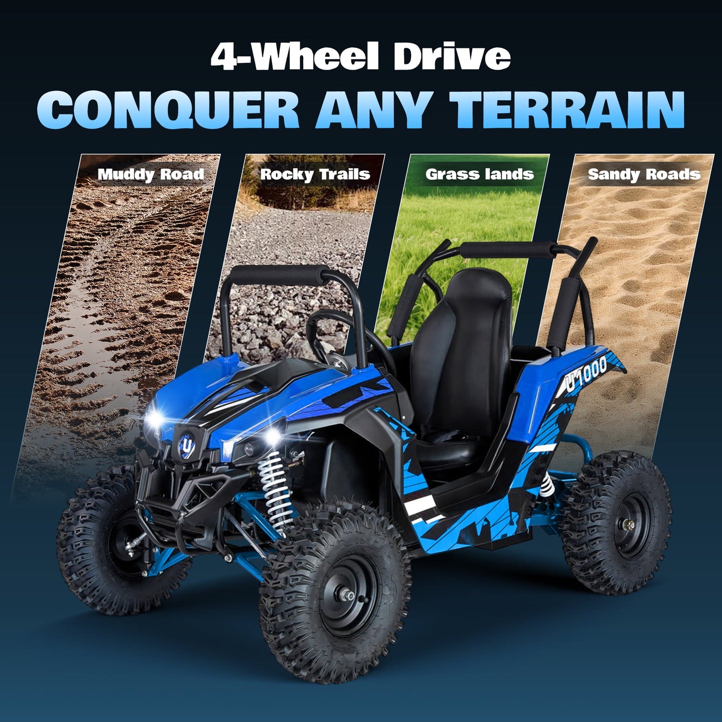 QEASET 48V UTV Electric Off-Road Vehicle for Adults, 3-Speed with Safety Lock, Shock Absorbers, Disc Brakes, Steel Frame & Adjustable Seat – All-Terrain Side-by-Side(Blue)