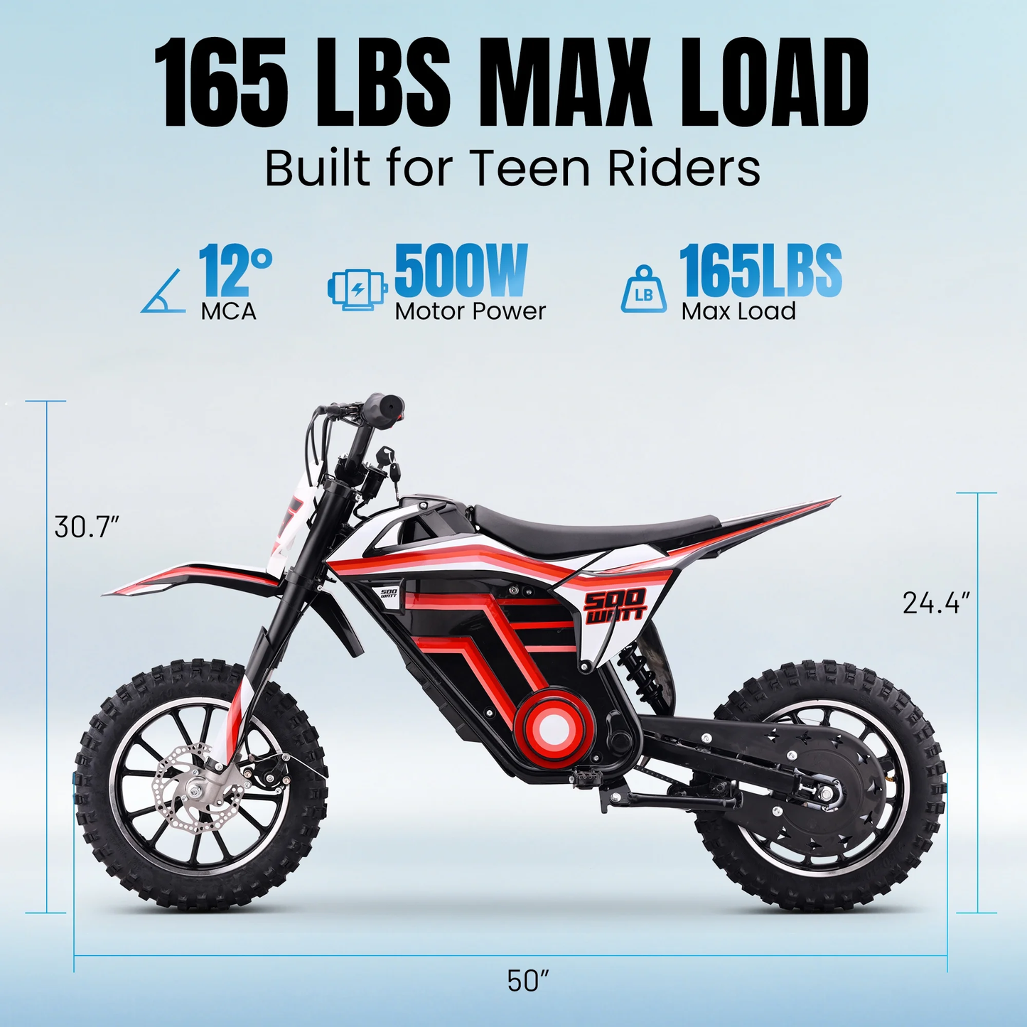 Aoemoe Motorcycle, Motorized Dirt Bikes for kids 8-14, 36V 500W – 15 MPH Top Speed, Dual Suspension, Red