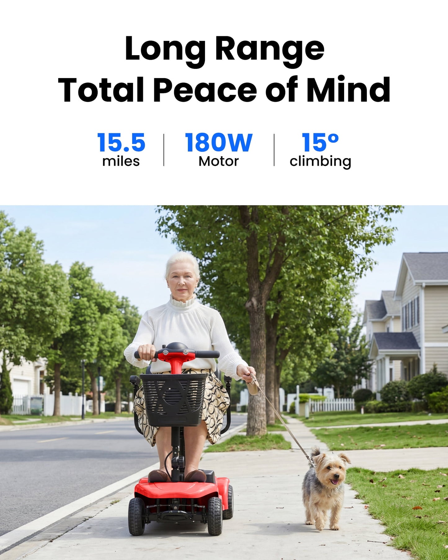 4 Wheels Mobility Scooter for Adults, Senior Electric Powered Chargeable Device for Travel, Lightweight and Portable, with LED Headlights and Basket, Charger Included (Red)