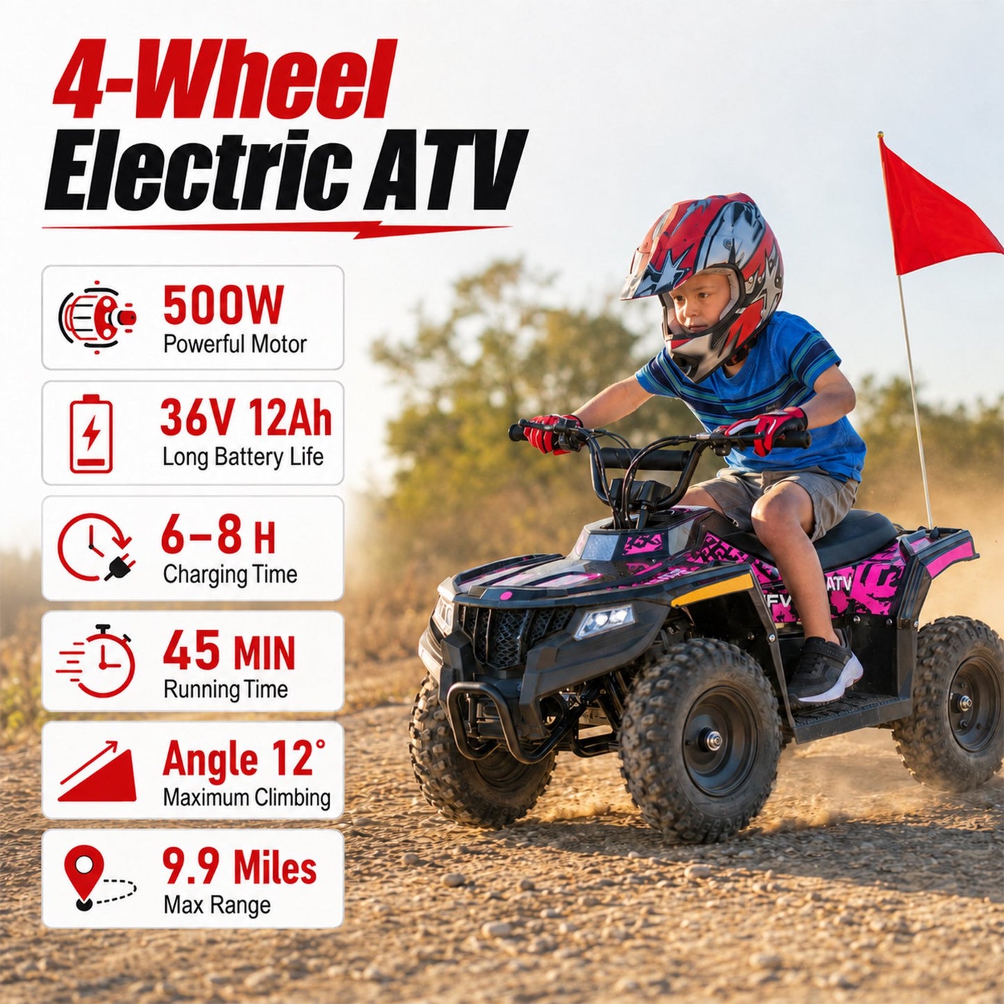 36V Electric Four Wheeler,IVFJFV 500W Four Wheel with Disc Brake Off-Road Ride On Vehicle, Dual Speed Lock &Dual Speed 10mph Low /15mph High All Terrain Ride On Vehicle for Teen Riders,PINK