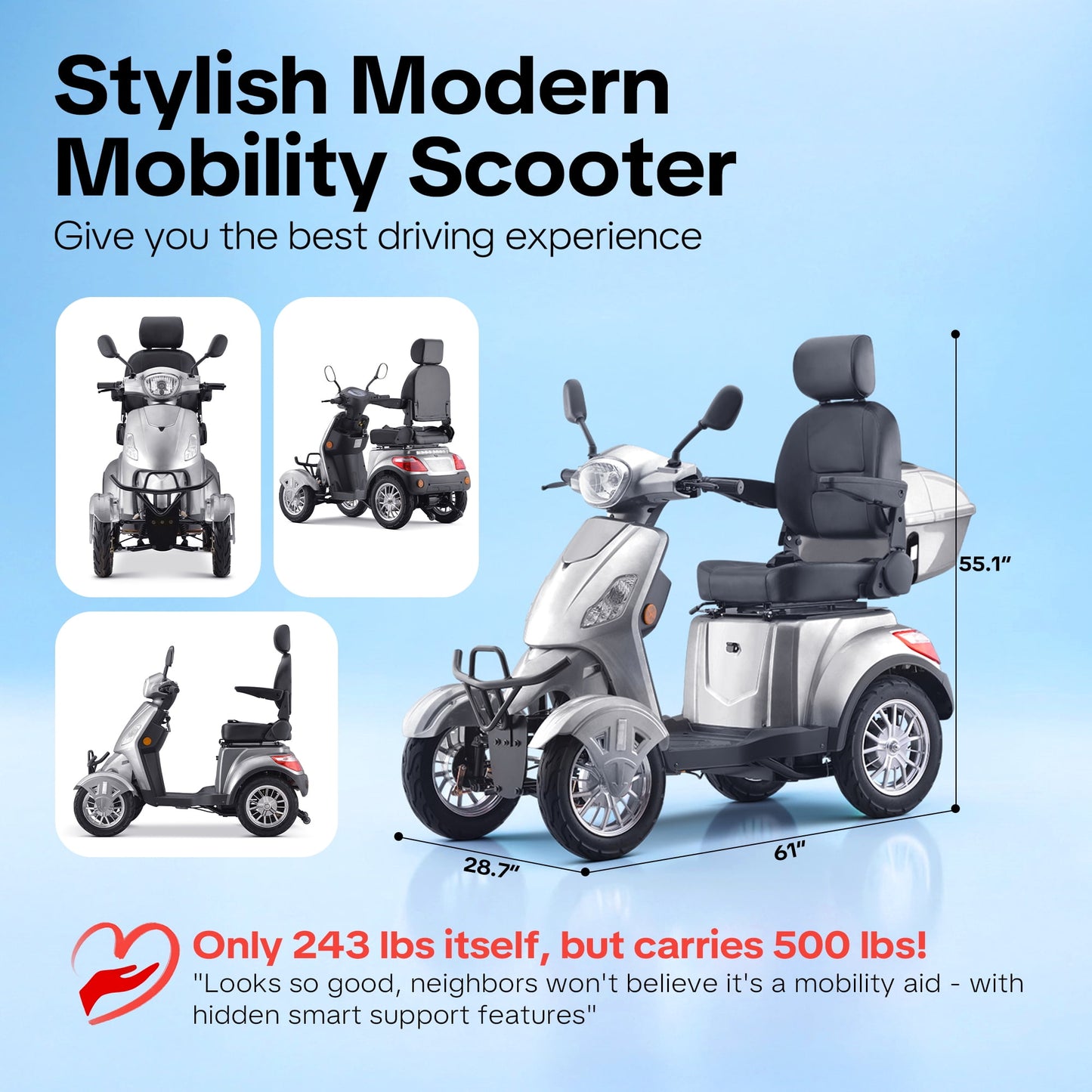 Arshin Heavy Duty 4 Wheel Mobility Scooters for Seniors & Adults 500lbs Capacity,800W All Terrain Electric Recreational Scooter