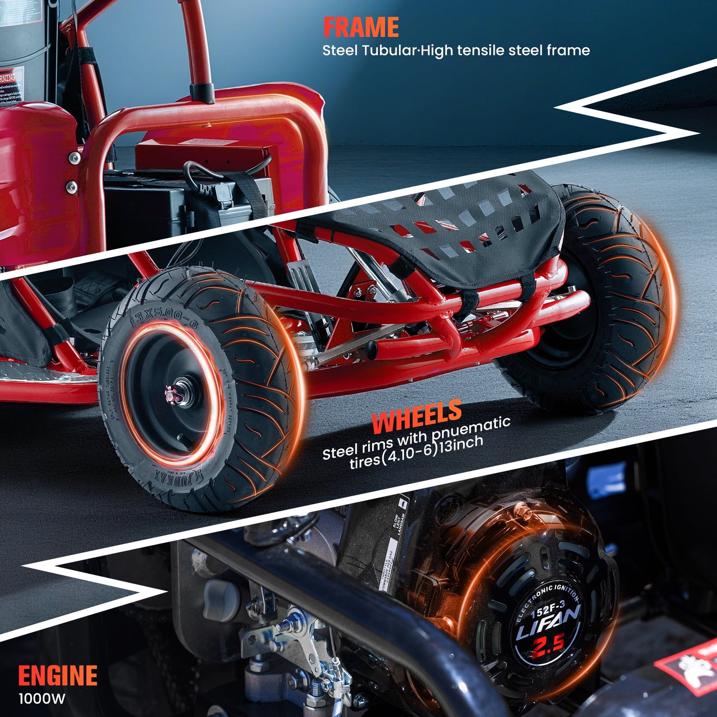 Arshin Electric Ride-On Go-Kart for Teens,1000W 48V Motor,Max 20Mph with 3-Speed Parental Control(10/13/20Mph),4-Wheel Drive,13"Pneumatic Tires,for Ages 13+ and up to 120LBS(Red)