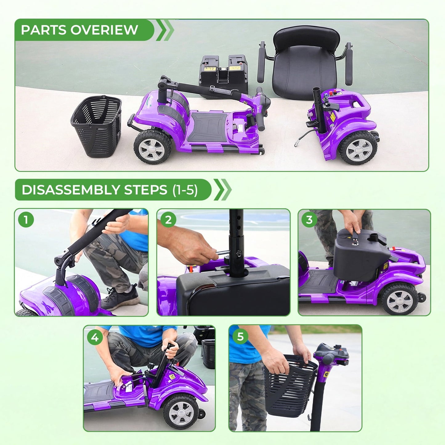 Arshin Upgrade 4 Wheels Mobility Scooter with Removable Battery,Compact Heavy Duty Mobile for Travel,Foldable Powered Wheelchair for Adult,300lbs,Purple