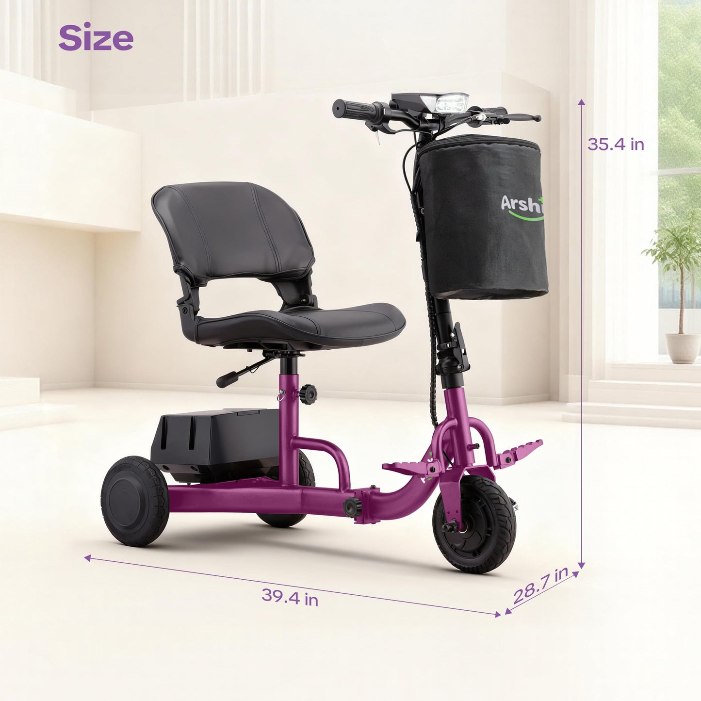 Upgrade Mobility Scooter Lightweight Foldable,All Terrain Mobility Scooters for Seniors & Adults,Arshin 300lbs Mobility Aids for Elderly,2 Batteries,Variable Speed(Purple)
