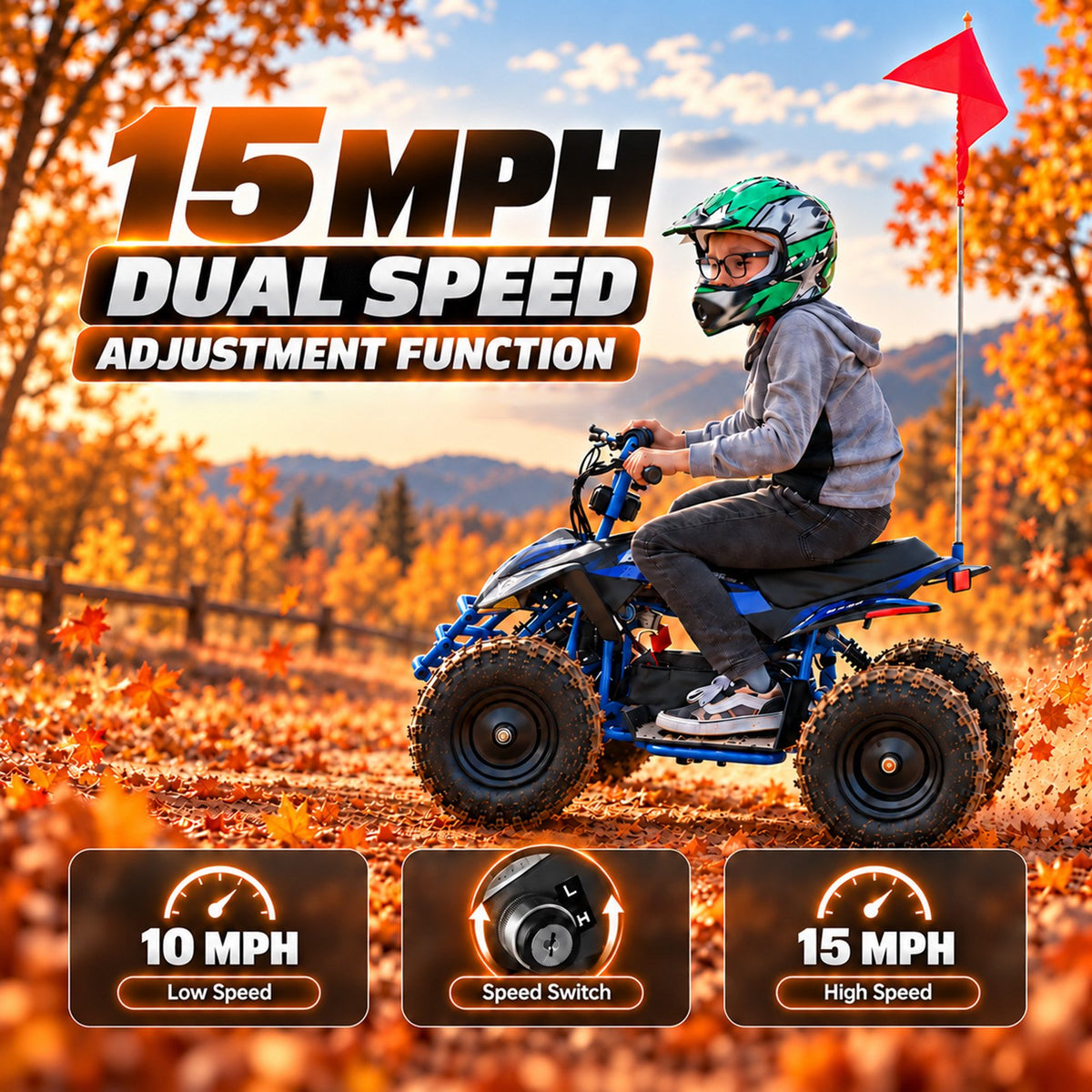 IVFJFV Powered 4 Wheeler,500W Electric 4 Wheeler with Dual Speed Adjustment,36V Four Wheeler Max 15 MPH, Front & Rear Shock Absorbers, All-Terrain Tires and Safety Disc Brake,BLUE
