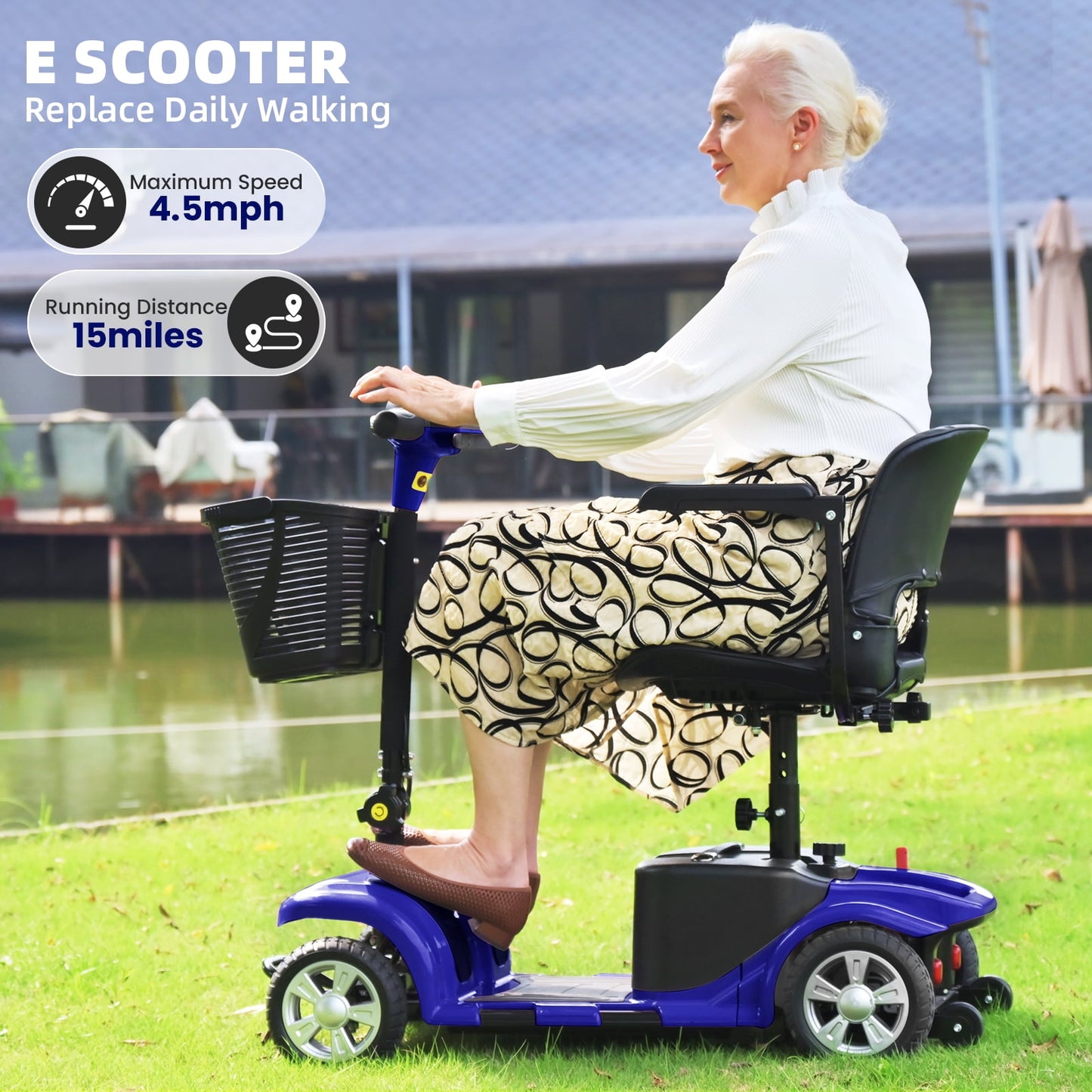 Arshin Mobility Scooters for Seniors,4 Wheels Outdoor Mobility Scooters Lightweight and Portable,180W 24V Electric Mobility Scooters with High-Power Motor,Suitable for Travel,Adults,Elderly(Blue)
