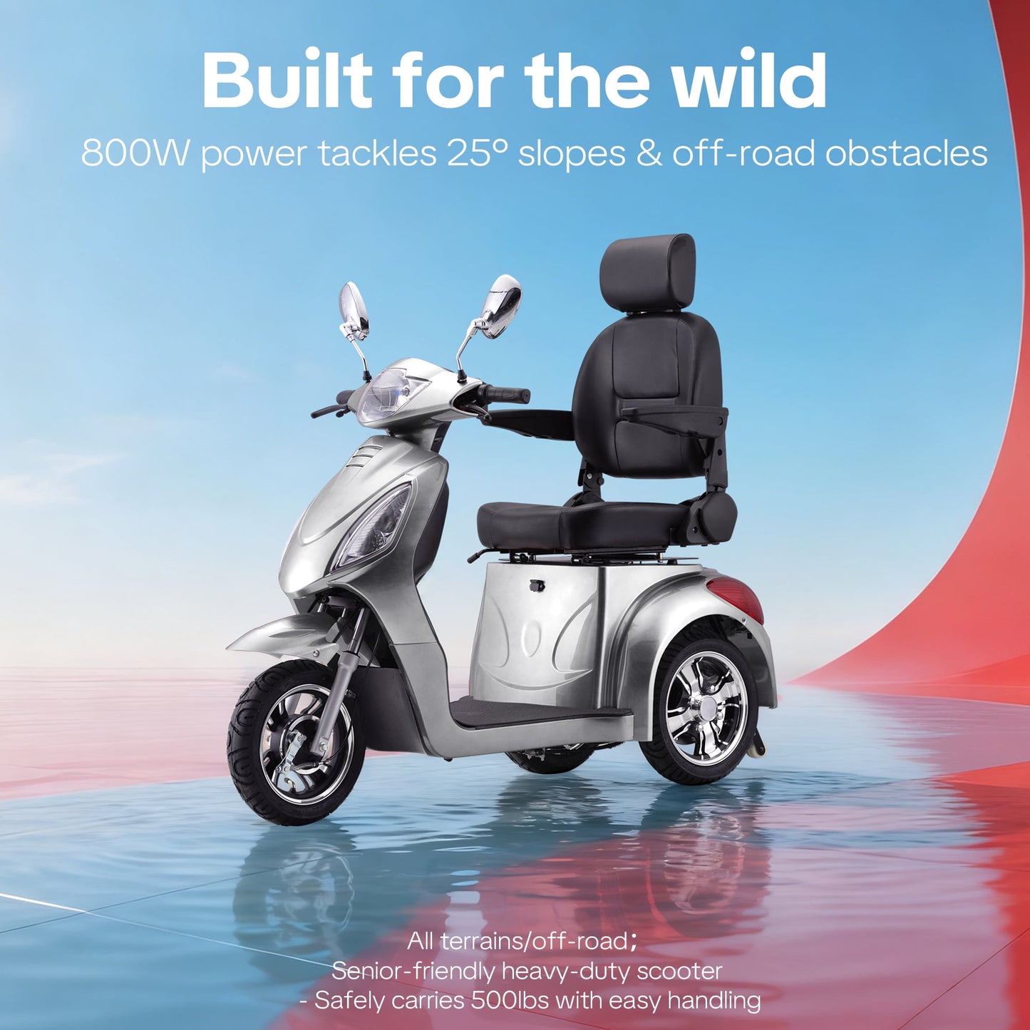 Upgrade Heavy Duty 3 Wheel Mobility Scooter for Seniors & Adults 500lbs Capacity,Arshin Electric Powered Wheelchair Device for Travel,800W All Terrain Mobility Scooter,31 Miles Range,7-15 Mph(Silver)