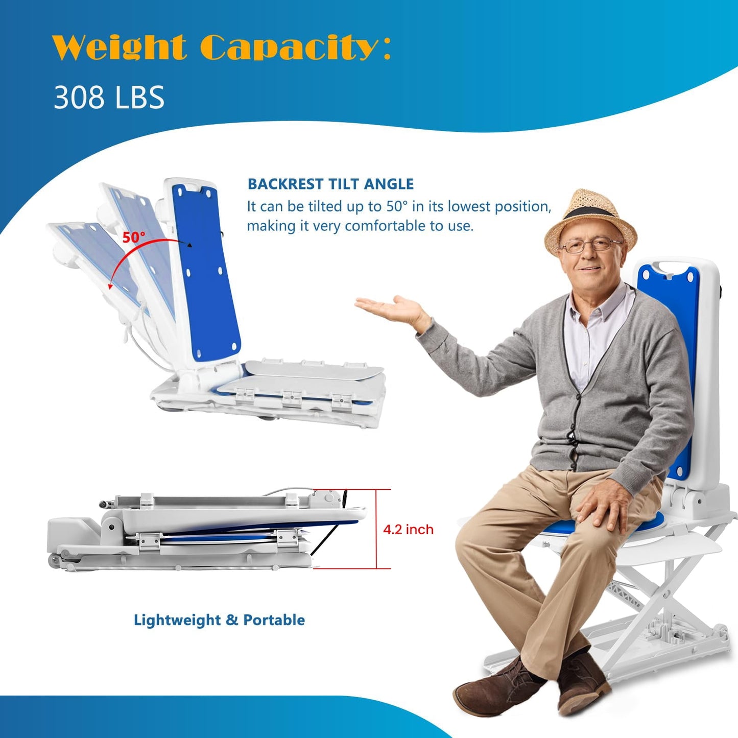 Electric Bath Lift Chair with Backrest and EVA Padding, Adjustable Height & Recline, Battery-Operated with Remote Control, IP68 Waterproof Floor Lift for the Elderly and Disabled, 308 lbs Capacity