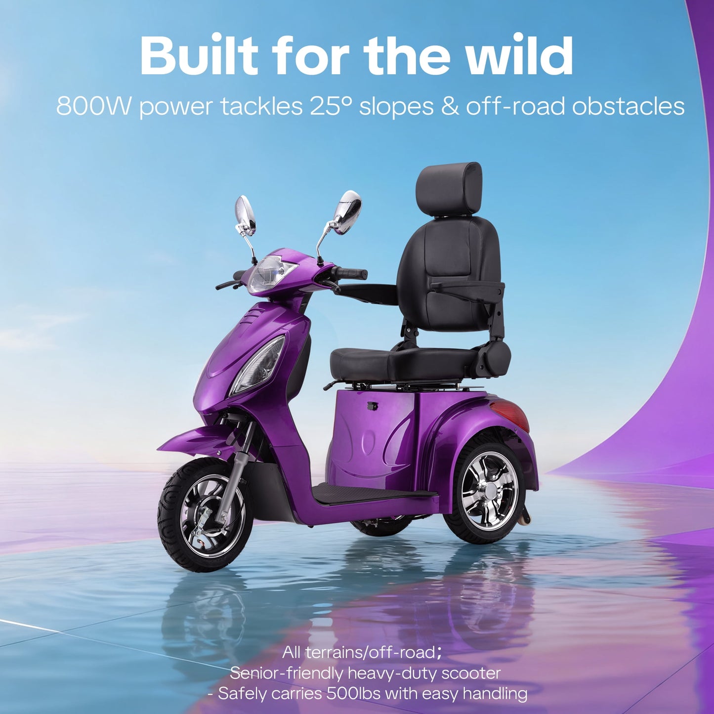 New & Improved 3-Wheel Mobility Scooter for Adults & Seniors - 500 lb Heavy Duty Capacity,31-Mile Range,800W Power for Outdoor Use by Arshin,All-Day Riding,Easy to Use(Purple)