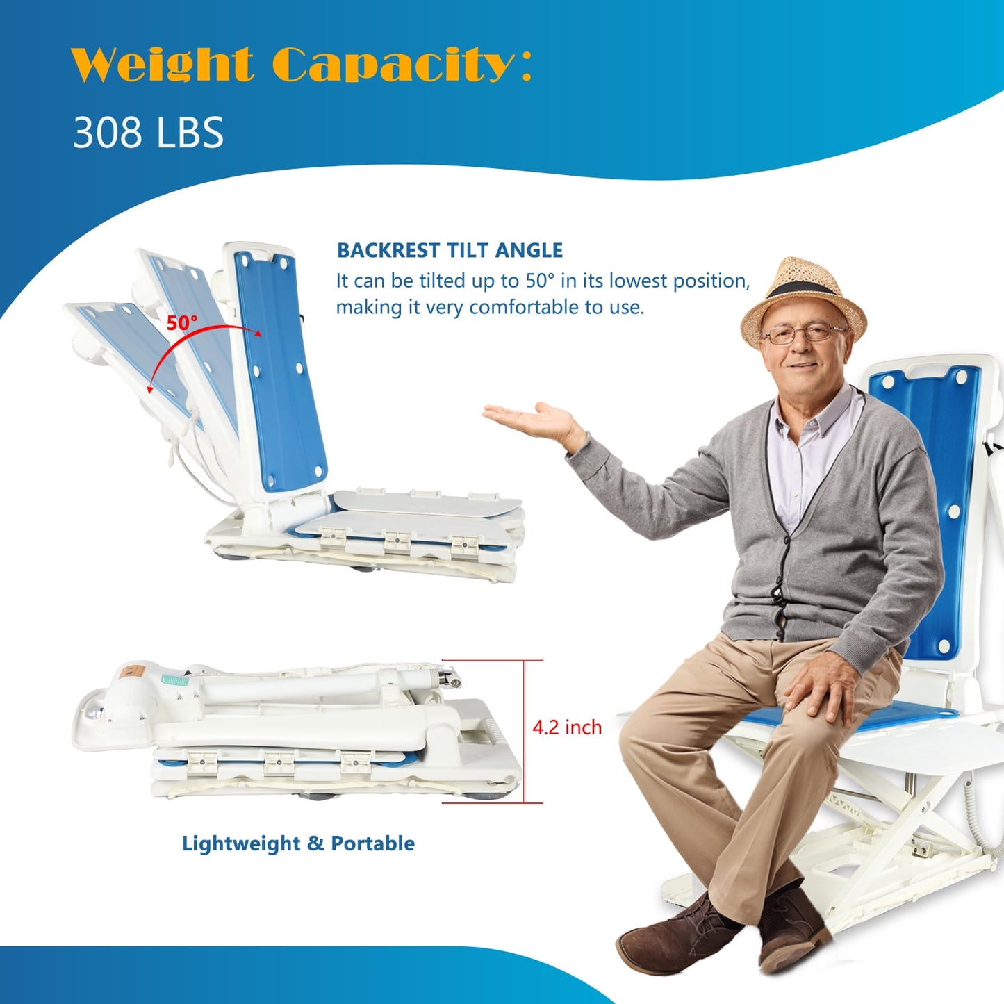 Electric Chair Lift for Senior, Remote Control Floor Lift with Padded Backseat, Bathtub Lift for Elderly, Net Weight 24 LBS, Support Max 308 LBS, Safety and Waterproof Design, Include Charger