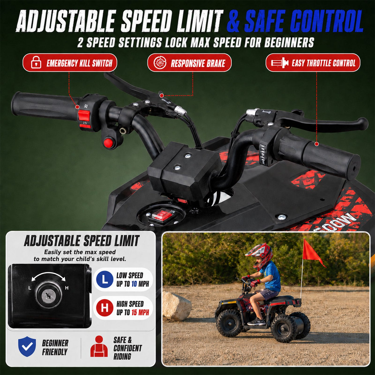 36V Electric 500W Motor 4-Wheeler with Front & Rear Suspension, IVFJFV Electric 4-wheel Off-Road Tires & Safety Flag & LED Headlights,Power Ride on Car for Age 6+