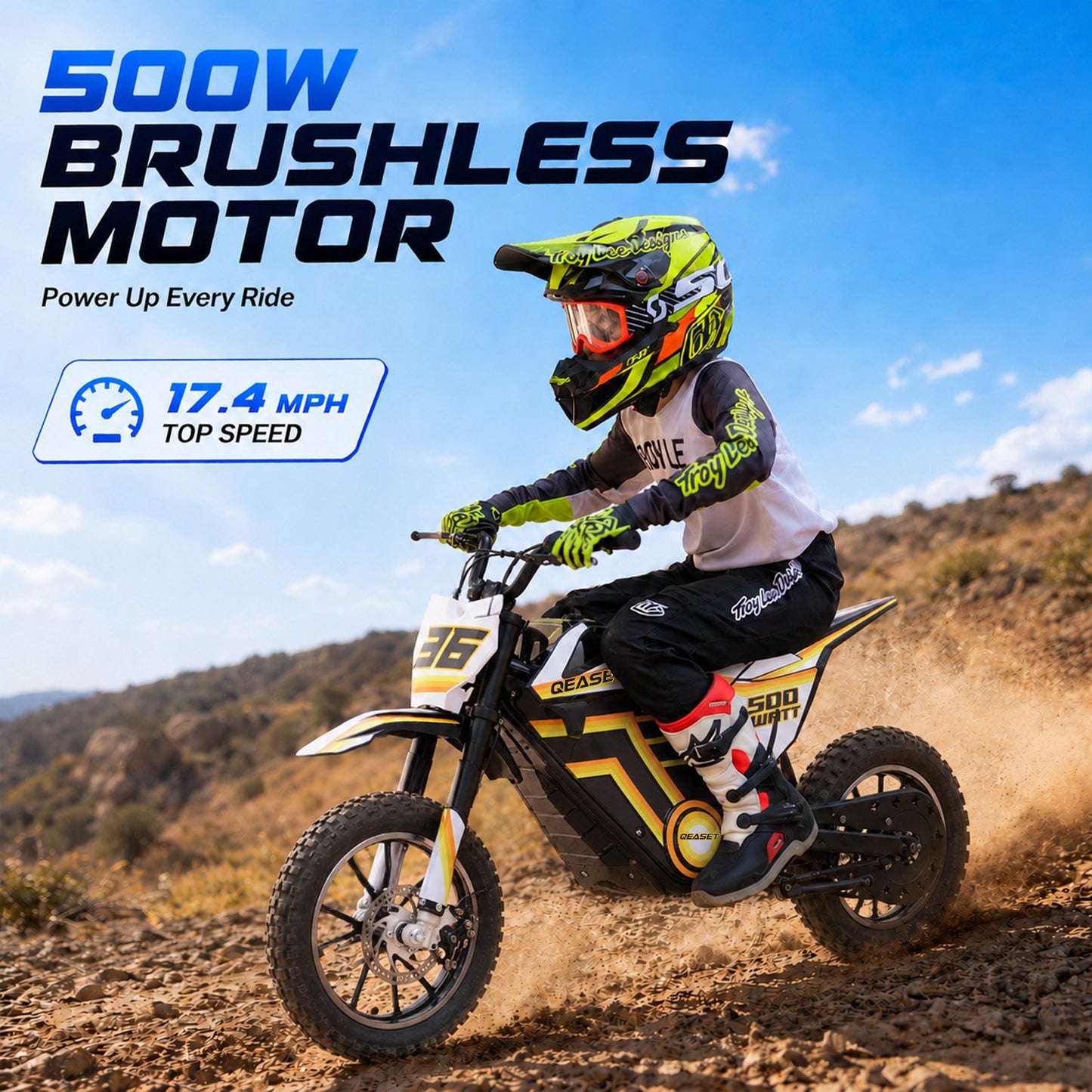 QEASET 36V Electric Dirt Bike, 500W Motorized Mini Dirt Bike with Dual Suspension, Disc Brakes, 17 MPH Max Speed, Electric Off-Road Motorcycle for Boys Girls Ages 8-14,Yellow