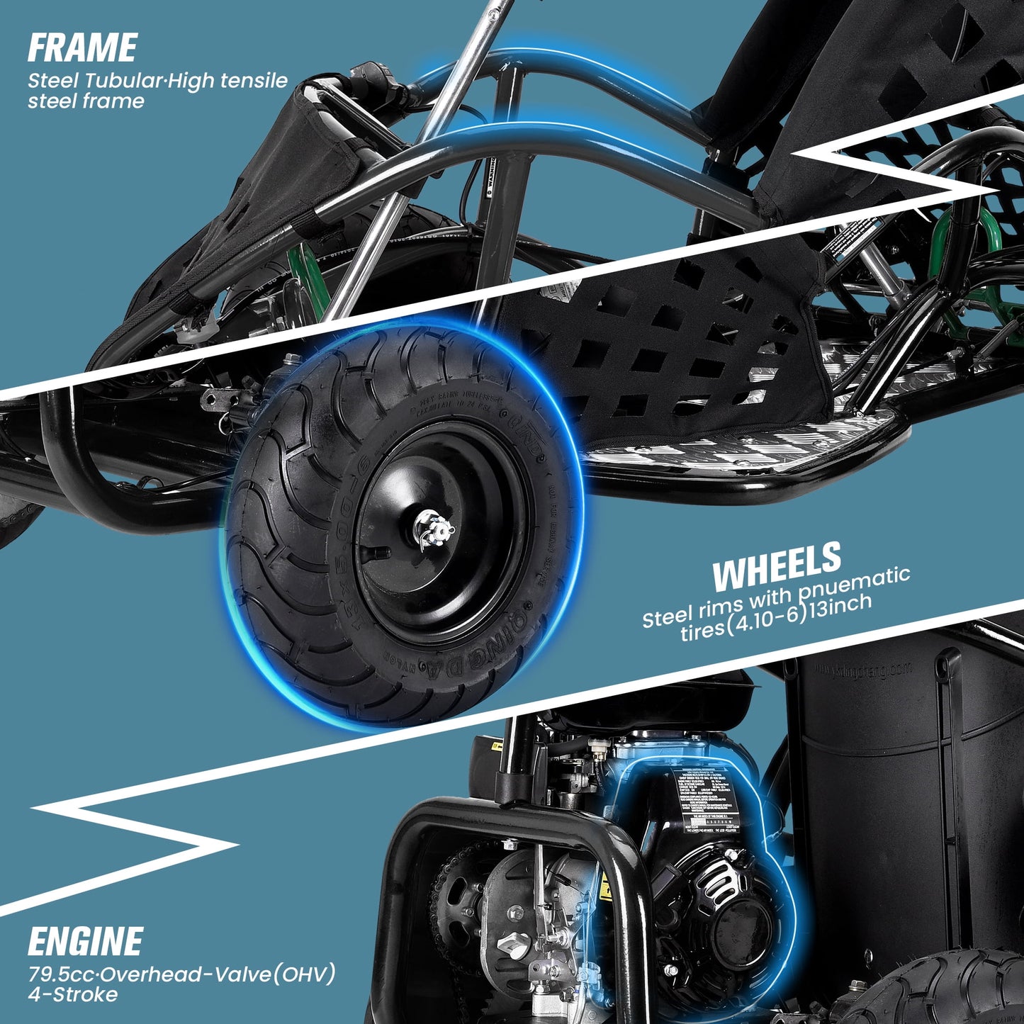 QEASET 79cc Gas Go Kart,2.5HP 4-Stroke,20Mph Go Kart Outdoor Race Toy, Holiday Gift(Black)